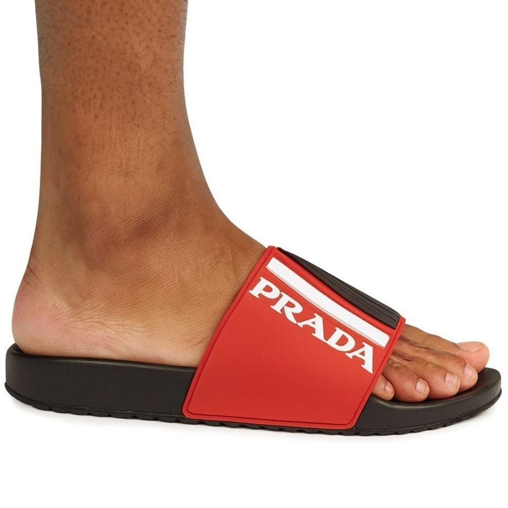PRADA Sport Men's Black & Red Rubber White Logo Sandal Slides Size 10